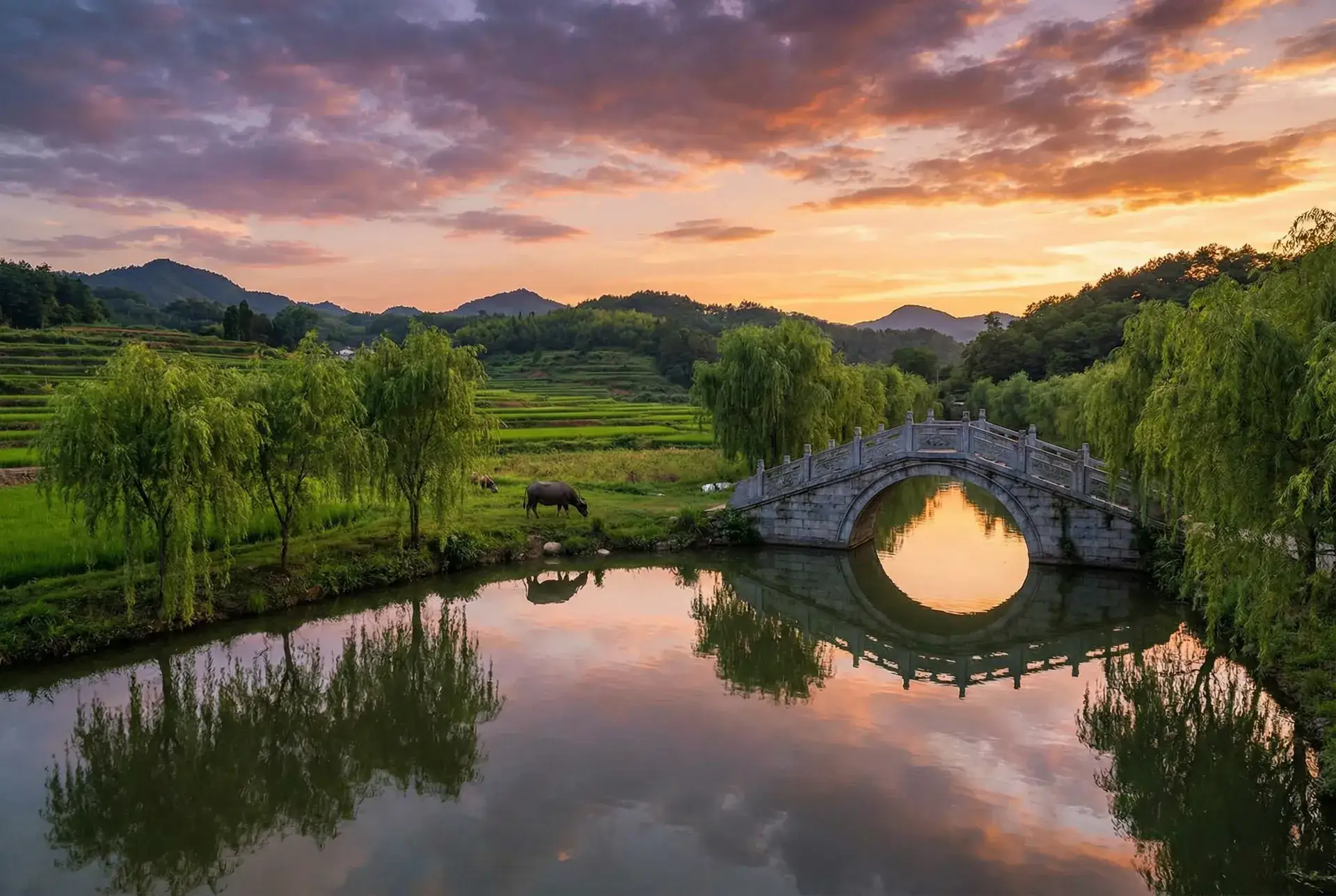 夕阳下的石拱桥与垂柳，水牛在河边吃草 - 米凯拉舍费尔 乡村美景